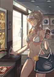 1girls bag bag_charm bikini blonde_hair bracelet breasts casual charm clothing cup disposable_cup female female_only hairbow hairclip handbag holding_cup holding_phone human mai_(xskdizzy) medium_breasts mole mole_under_eye necklace original pale_skin ponytail public shopping side-tie_bikini side-tie_swimsuit sign smartphone solo_focus sweat swimsuit swimwear vending_machine washing_machine white_bikini white_swimsuit yellow_eyes