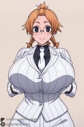 1female 1girls 2026 ai_generated artist_name bangs_pinned_back big_ass big_breasts blush braid breasts curvy female female_only formal freckles glasses gloves hi_res high_quality high_resolution highres huge_ass huge_breasts looking_at_viewer momota_hina necktie orange_hair patreon patreon_username pinstripe_pattern shirt simple_background smile solo striped_jacket suit sweat tougen_anki twin_braids unjobdespiert watermark white_gloves