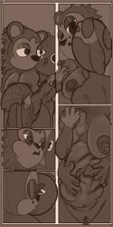 absurd_res amespinkinson animal_crossing anthro apron belly belly_grab breast_grab breast_squish breasts cartoon_eyes clothing duo eulipotyphlan female freckles from_behind_position genitals hand_on_breast hare head_grab hedgehog hi_res imminent_kiss kissing lagomorph leporid male male/female mammal monochrome moronga_(amespinkinson) navel nintendo nipples overweight panel_overlap puffy_nipples raised_arm sable_able sex simple_background slightly_chubby small_comic spines spoon_position squish tired_eyes vulva