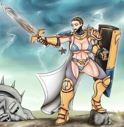 1girls armor armpits belt big_breasts bikini bikini_armor boots female mixsan muscular muscular_female romman08 shield stormcast_eternal sword tied_hair warhammer_(franchise) warhammer_age_of_sigmar warhammer_fantasy