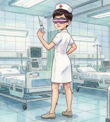 1girls ai_generated black_hair brainwashing carmen_sandiego_(2019) carmen_sandiego_(franchise) female female_focus female_only femsub glasses holding holding_needle holding_object holding_syringe hospital hospital_bed hypnosis hypnotic_accessory hypnotic_visor hypnotized_female julia_argent julia_argent_(carmen_sandiego) looking_at_viewer looking_back mind_control needle nurse nurse_cap nurse_clothing nurse_hat nurse_headwear nurse_outfit nurse_uniform pillow short_hair solo solo_female solo_focus standing syringe visor visor_(eyewear) zupern0va_(manipper)
