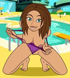 1girls bare_breasts bonnie_rockwaller breasts crouching disney erect_nipples female flashing gagala kim_possible nipples on_knees pussy solo swimsuit swimsuit_aside