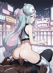 1boy 1girls ai-generated ai_generated anus ass bangs bare_arms bare_shoulders blue_hair blush bottomless bow-shaped_hair breasts brokewyt character_hair_ornament city cityscape cowgirl_position crop_top dark-skinned_male dark_skin female grey_thighhighs grin hair_ornament interracial iono_(pokemon) long_hair looking_at_viewer looking_back medium_breasts multicolored_hair nanjamo_(pokemon) night on_back penis pink_hair pokemon pokemon_sv pussy reverse_cowgirl_position sex sex_from_behind sharp_teeth shiny shiny_skin shirt sleeveless_shirt smile solo_focus straddling straight teeth thighhighs twintails two-tone_hair uncensored vaginal_penetration very_long_hair x