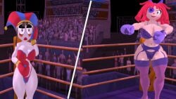 2girls 3d 3d_(artwork) angry arena big_breasts blockyobjectawesomer boxing boxing_gloves boxing_ring bra breasts brown_hair catfight cleavage clutching_breast female_focus female_only garter_belt garter_straps glitch_productions hand_on_own_face height_difference huge_breasts jester jester_girl jester_hat kabalmystic_(style) large_breasts lingerie panties pomni_(the_amazing_digital_circus) purple_boxing_gloves purple_gloves ragatha_(the_amazing_digital_circus) red_boxing_gloves red_gloves red_hair ryona short_hair size_difference the_amazing_digital_circus thick thick_thighs thighhighs thighs thong wide_hips