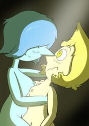 2girls blue_pearl_(steven_universe) blush cartoon_network darke350 embrace eye_contact female female_only multiple_girls nude_female small_breasts steven_universe yellow_pearl_(steven_universe) yuri