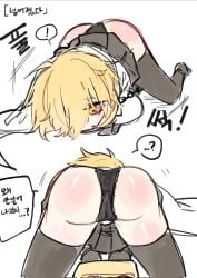1girls ass ass_focus black_panties blonde_hair cameltoe comic cuffs don_quixote_(limbus_company) index_don_quixote korean_text lace lace_panties limbus_company miniskirt panties pantyshot pmchell_04 project_moon shiny_skin short_hair skirt spoken_ellipsis spoken_exclamation_mark spoken_question_mark thighhighs top-down_bottom-up underwear yellow_eyes