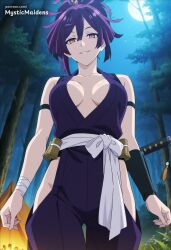 ai_generated anime anime_style armband artist_name bandaged_wrist bandages bare_shoulders black_armband breasts breasts_apart center_opening cleavage collarbone female forest full_moon hentai hi_res hip_vent japanese_clothes jigokuraku kimono lantern large_breasts looking_at_viewer medium_breasts moon mystic_maidens nature night night_sky ninja outdoors patreon pink_eyes purple_hair purple_kimono red_eyes sash short_sword sky smile solo sword topknot tree weapon white_sash wrist_guards yuzuriha_(jigokuraku)