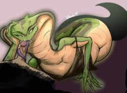 absurd_res anthro bodily_fluids brradett colored deadlock digital_drawing_(artwork) digital_media_(artwork) duo female genital_fluids genitals hi_res male oral penis precum reptile scalie signature snake solo_focus tongue tongue_wrap vyper_(deadlock) vyper_redesign_(deadlock)