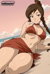 1girls ai_generated artoonizer avatar_legends avatar_the_last_airbender beach big_ass bikini braid braided_ponytail breasts brown_eyes brown_hair choker female female_only hand_on_hip laying_on_side legs_together light-skinned_female light_skin long_braid long_hair looking_at_viewer medium_breasts navel nickelodeon nicktoons nipples_visible_through_clothing patreon patreon_username posing red_choker red_swimsuit sand single_braid smile solo solo_female solo_focus swimsuit thick_thighs ty_lee water