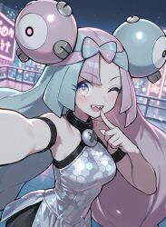 1girls ai-generated ai_generated bow-shaped_hair breasts brokewyt character_hair_ornament female hair_ornament iono_(pokemon) jacket long_hair looking_at_viewer low-tied_long_hair multicolored_hair nanjamo_(pokemon) one_eye_closed open_mouth pink_hair pokemon pokemon_sv sharp_teeth smile solo split-color_hair teeth two-tone_hair x