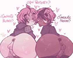 2boys anus ass ass_bigger_than_head ass_focus back_view balls big_ass black_clothing blush blushing bottom_heavy_femboy bubble_butt cherubiesan chocolate_and_vanilla clothed clothing dark-skinned_femboy dark-skinned_male doodle duo dyed_hair expressionless fat_ass femboy femboy_focus femboy_only fishnets gay genderswap_(ftm) genitals gigantic_ass golden_eyes goth_boy half-closed_eyes hearts_around heterochromia hoodie huge_ass light-skinned_femboy light-skinned_male looking_at_viewer looking_back male male_only massive_ass messy_hair neneefthy no_pants no_underwear penis pink_eyes pink_hair rule_63 simple_background spanish_text text tongue tongue_out turtleneck two-tone_hair veiny_penis virtual_youtuber vtuber white_background youtube_hispanic