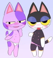 animal_crossing anthro blush bob_(animal_crossing) bulge chibi clothing domestic_cat duo felid feline felis fur hi_res male male_only mammal multi_nipple nintendo nipples panhimbo penis penis_base punchy_(animal_crossing) purple_body purple_fur teasing tighty_whities tongue underwear underwear_down video_games