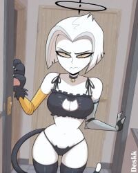 1girls ai_generated artist_name cat_cutout cat_girl cat_tail choker deskk halo hazbin_hotel indoors lute_(hazbin_hotel) prosthetic prosthetic_arm sad sole_female solo solo_focus stockings thong vivienne_medrano white_hair white_skin yellow_eyes