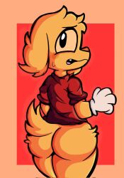 1boy anthro anthro_only ass ass_focus butt_focus canid canine cute_butt dartalet dog_ears dog_tail domestic_dog femboy femboy_only floppy_ears fluffy fluffy_fur furry furry_male furry_only gay glitch_productions gloves looking_back looking_back_at_viewer nervous nervous_expression nervous_sweat red_shirt scratch_(tadc) scratch_(the_amazing_digital_circus) tail the_amazing_digital_circus white_gloves yellow_body yellow_fur