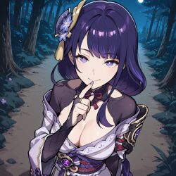 ai-generated ai_generated bangs braid braided_ponytail breasts bridal_gauntlets bright_pupils brokewyt cleavage closed_mouth female finger_to_mouth flower forest genshin_impact hair_ornament index_finger_raised japanese_clothes kimono large_breasts long_hair looking_at_viewer mole moon nature night obi off_shoulder outdoors purple_eyes purple_hair purple_kimono purple_nails raiden_shogun sash shrug_(clothing) sky smile solo tassel tree upper_body wide_sleeves