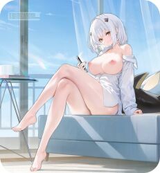 1girls azur_lane blouse blush breasts breasts_out edited explorer_(azur_lane) female_only hair_accessory hair_ornament holding_phone large_breasts legs_crossed living_room mofumochii nipples partially_clothed phone siren_(azur_lane) sitting_on_couch smile solo_female tail third-party_edit white_blouse white_hair yellow_eyes