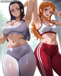 2girls :d ai_generated arm_behind_head arm_tattoo arm_up armpits bangs black_hair blue_eyes blush breasts cleavage closed_mouth collarbone crop_top dandanhub female female_only large_breasts long_hair looking_at_viewer midriff multiple_girls nami_(one_piece) navel nico_robin one_piece open_mouth orange_hair pants shiny shiny_skin shoulder_tattoo smile sports_bra stomach sweat tattoo thighs v