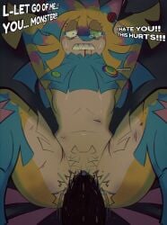 arms_behind_back arms_tied barely_fits begging_to_stop bleeding_from_mouth candy crying crying_with_eyes_open cuts dandy's_world distressed huge_cock lollipop painful painful_penetration rape sharp_teeth tears uneven_eyes yatta_(dandy's_world) yellow_body