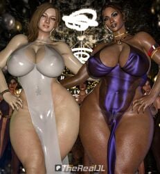 2girls 3d absurd_res ada_wong ada_wong_(adriana) ass big_breasts breasts capcom casual chocolate_and_vanilla claire_redfield claire_redfield_(jordan_mcewen) cleavage curvaceous curvy curvy_female curvy_figure dark-skinned_female dark_skin dress female female_only hand_on_hip hi_res huge_breasts human jill_valentine jill_valentine_(sasha_zotova) large_breasts light-skinned_female light_skin lingerie looking_at_viewer mature_female mia_winters milf multiple_girls navel_piercing nipple_bulge no_panties painted_nails pussy resident_evil resident_evil_5 resident_evil_8:_village sheva_alomar slit_dress therealjl thick_thighs voluptuous voluptuous_female wide_hips