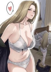 big_breasts blonde_hair curvy_female elf_ears frieren juicy_lips lacy_bra lacy_panties long_hair methode_(sousou_no_frieren) sleeping sousou_no_frieren taking_off_jacket thick_thighs wide_hips xtermination