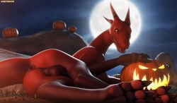 3_toes 3d angus_(critterclaws) anus ass backsack balls claws critterclaws crittermatic depth_of_field detailed_background dragon feral food fruit full_moon grass half-closed_eyes halloween hi_res holidays horn jack-o'-lantern looking_at_viewer lying male moon night nude on_side open_mouth outside patreon paws perineum plant pumpkin red_body red_eyes red_skin rock scalie signature sky smile solo teeth toe_claws toes tongue wingless_dragon