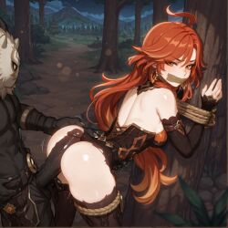 1boy ahoge ai-generated ai_generated ass bare_shoulders blush bound bound_wrists breasts brokewyt dark-skinned_male earrings erection female gag gagged genshin_impact grass hilichurl_(genshin_impact) imminent_penetration imminent_rape improvised_gag interspecies jewelry long_hair mavuika_(genshin_impact) medium_breasts orange_eyes orange_hair outdoors penis precum red_hair restrained rope solo_focus straight sweat thighhighs torn_clothes tree uncensored