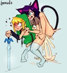 2boys ahe_gao ahegao_face belly_bulge big_penis big_thighs blush blush_lines boy_on_top cat_boy cat_ears cat_tail catboy climbing_on cum cum_drip cum_inside dripping_precum excessive_cum femboy femboy_on_male femboy_penetrating gay gay_anal gay_sex huge_cock leeewds legs_apart leo-catboy_(leeewds) light-skinned_femboy light-skinned_male light_skin link link_(ocarina_of_time) looking_down looking_pleasured male male/male male_only male_penetrated master_sword monster_boy mount mounted mounted_from_behind overflowing_cum penis penis_out penis_size_difference pointy_ears ripped_clothing rough_sex shortstack size_difference small_but_hung sweat sweatdrop sweating sword the_legend_of_zelda thigh_highs thighhighs weak_male yaoi