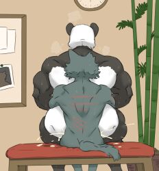 anal anal_sex anthro ass bamboo bamboo_tree bear beastars bench big_butt black_body black_fur blue_body blue_fur blue_tail board bodily_fluids canid canine canis clock cum cum_in_ass cum_inside cum_on_furniture cum_spurt duo exclamation_point fur genital_fluids giant_panda gouhin_(beastars) hi_res holding_another larger_penetrated leaking_cum legoshi_(beastars) male male/male mammal muscular muscular_bottom muscular_male notched_ear paper penetration photo plant rear_view scar scars_on_back sitting sitting_on_another size_difference small_top_big_bottom steam sweat sweaty_body tail tree white_body white_fur wolf wolfhowl