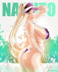 1girls ass big_ass big_breasts bikini bikini_bottom bikini_top blonde_hair blue_eyes bottomwear breasts english english_text female female_only hair hat headwear ino_yamanaka lips naruto naruto_(series) ponytail pose posing purple_bikini saburo_des side_view sideboob smile solo solo_female sparkles swimwear text tied_hair topwear visor visor_cap watermark