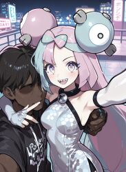 1boy 1girls :d ai-generated ai_generated aqua_hair armpit_crease armpits bangs bare_shoulders black_hair black_hoodie blush bow-shaped_hair breasts brokewyt character_hair_ornament covered_navel dark-skinned_male dark_skin elbow_gloves female gloves grey_pantyhose hair_ornament hood hoodie iono_(pokemon) leotard long_hair looking_at_viewer medium_breasts multicolored_hair nanjamo_(pokemon) open_mouth pink_hair pokemon pokemon_sv selfie sharp_teeth small_breasts smile split-color_hair straight teeth twintails two-tone_hair very_long_hair white_gloves x