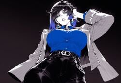 1girls ai_generated arm_up balecxi belt black_background black_belt black_hair black_pants blue_hair blue_shirt blunt_bangs bob_cut breasts choker clothing collared_shirt colored_skin curvaceous curvaceous_female curvaceous_figure curvy curvy_figure diagonal_bangs dress_shirt earrings female female_focus female_only from_below genshin_impact gradient_background gradient_hair green_eyes grey_jacket hair_flip hand_in_own_hair hand_on_own_head high-waist_pants inviting jacket jacket_on_shoulders jewelry large_breasts long_sleeves looking_at_viewer looking_down mole multicolored_hair o-ring open_clothes open_jacket pants parted_lips pinstripe_pattern presenting presenting_ass presenting_breasts presenting_hindquarters presenting_self seductive seductive_look seductive_smile shirt shirt_tucked_in short_hair simple_background solo spot_color striped_clothes striped_jacket tight_pants vertical-striped_clothes vertical-striped_jacket voluptuous voluptuous_female yelan_(genshin_impact)