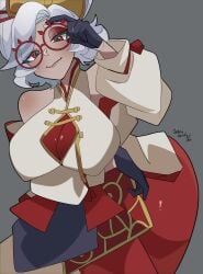 artist_name bare_shoulders big_breasts breasts commentary dated female female_only grey_background grin hair_ornament hair_stick highres large_breasts looking_at_viewer nintendo pantyhose purah red-framed_eyewear red_eyes round_eyewear satoro301 simple_background smile solo the_legend_of_zelda the_legend_of_zelda:_tears_of_the_kingdom untranslatable_commentary white_hair