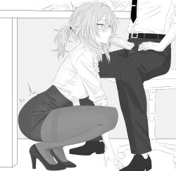 1boy 1girls belt breasts commentary_request fellatio female female_focus fully_clothed gomjwi333494 greyscale high_heels highres honkai:_star_rail honkai_(series) korean_commentary large_breasts male miniskirt monochrome necktie office_lady oral pants pantyhose pencil_skirt penis phainon_(honkai:_star_rail) shirt short_hair skirt squatting stelle_(honkai:_star_rail) straight trailblazer_(honkai:_star_rail) uncensored under_desk