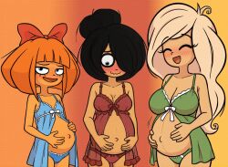 ai ai_generated black_hair blue_dress blue_panties blush blush_lines closed_eyes coco_schoppenboer green_dress green_panties holding_belly looking_at_viewer looking_down maya_schoppenboer multiple_pregnancies mymy_schoppenboer ongezellig orange_hair pregnancy pregnant pregnant_belly pregnant_female red_dress red_pa red_panties simple_background sundress white_hair