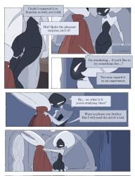 2025 after_cunnilingus after_oral after_vaginal anthro arthropod bedroom biped black_body black_eyes bodily_fluids border bottomless bottomless_female bottomless_humanoid cloak clothed clothing comic detailed_background dialogue digital_drawing_(artwork) digital_media_(artwork) duo empty_eyes english_text eye_contact female female/female female_anthro female_humanoid genitals hi_res holding_partner hollow_knight:_silksong hollow_knight_(franchise) hornet_(hollow_knight) humanoid humanoid_on_anthro inside justdog lace_(hollow_knight:_silksong) looking_at_another looking_at_partner mouthless red_cloak red_clothing saliva saliva_string sitting speech_bubble talking_to_another talking_to_partner team_cherry text vulva white_body white_border white_eyes white_vulva