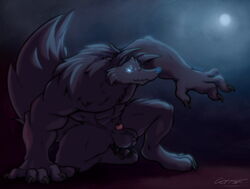 2019 animal_genitalia animal_penis anthro ball_tuft balls canid canine canis claws clothed clothing corrsk digital_media_(artwork) fur halloween hi_res holidays male male_only mammal muscular muscular_male nude penis sheath simple_background smile solo topless tuft were werecanid werecanine werewolf wolf