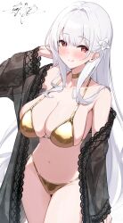 1girl :q azur_lane bikini blush breasts cleavage closed_mouth collarbone commentary_request cowboy_shot female female_only gold_bikini gold_choker highres large_breasts long_hair long_sleeves looking_at_viewer navel red_eyes scylla_(azur_lane) shionootsu signature smile solo standing stomach swimsuit thighs tongue tongue_out very_long_hair white_hair