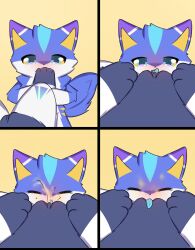 anthro blue_body blue_eyes blue_fur blush bodily_fluids canid canine canis comic cum cum_in_mouth cum_inside domestic_dog drinking drinking_cum feet female foot_fetish foot_play front_view fur genital_fluids genitals hi_res intersex intersex/female intersex/intersex intersex/male licking lying male male/female mammal multicolored_body multicolored_fur shiningcanc spread_legs spreading tongue urine vaginal_penetration vulva white_body white_fur