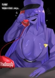 big_breasts dialogue exposed_breasts five_nights_at_freddy's five_nights_in_anime fnia guard large_hair monokuimi01 office_lady phone_call purple_body purple_girl purple_guy_(fnaf) purple_skin showing_breasts solo wendy_afton wendy_afton_(sqwunx_design)