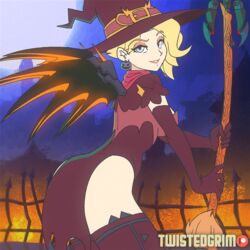 1girls 2d 2d_animation alternate_costume animated ass ass_shake big_ass blizzard_entertainment broom broomstick female female_only large_ass looking_at_viewer looking_back mercy overwatch pelvic_curtain solo thighhighs twistedgrim witch witch_hat witch_mercy