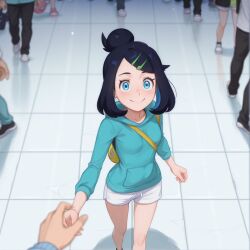 1girls ai-generated ai_generated backpack bag black_hair blue_eyes blush breasts brokewyt closed_mouth eyelashes female female_focus hair_bun hair_ornament hairclip holding_hands liko_(pokemon) long_sleeves looking_at_viewer multiple_boys pokemon pokemon_(anime) pokemon_horizons pov shirt shoes short_shorts shorts single_hair_bun smile solo_focus tile_floor tiles walking white_shorts