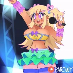 accidental_exposure animated bare_shoulders big_areola big_nipples blonde_hair bouncing_breasts breast_slip breasts choker cleavage crop_top embarrassed embarrassed_nude_female emmanomia enf female female_only headgear heart-shaped_pupils holding_object jumping large_breasts long_hair loop looping_animation makeup microphone navel nipples original original_character panties parowy piercing piercings pink_eyes public public_exposure public_humiliation public_indecency public_nudity sharp_fingernails short_skirt skirt smile stockings tan_body tan_skin thick_thighs tubetop voluptuous wardrobe_malfunction wide_hips