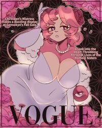 1girls adjusting_hair alternate_costume angelicobituary bead_necklace black_border border chubby cleavage collarbone earrings elbow_gloves english_text fat female flower gloves hair_flower hand_on_own_head heart-shaped_pupils hoop_earrings huge_breasts komeiji_satori magazine_cover pink_eyes pink_flower pink_hair plump satori_komeiji short_hair solo solo_female teeth thick_thighs touhou vogue_(magazine) white_dress white_gloves