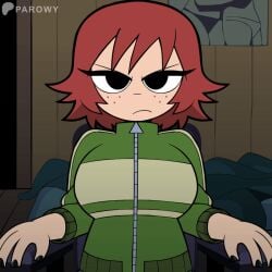 animated auburn_hair breast_expansion breasts bursting_breasts emmanomia exposed_breasts female female_only flashing flashing_breasts freckles jacket kim_pine large_breasts looking_at_viewer looking_away looking_down nipples open_clothes parowy red_hair scott_pilgrim short_hair sitting tagme tight_clothing