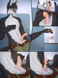 1boy anthro balls black_body black_fur black_hair blush bodily_fluids canid canine canis clothing comic ears ejaculation electronics erection female furaffinity furry gender_transformation genderswap genderswap_(mtf) genital_fluids genitals genitals_shrinking green_eyes handjob hi_res looking_at_phone looking_at_porn lube magic male male_to_female masturbation mtf_transformation nipples pants pants_down penile penis penis_shrinking penis_to_vagina_tf phone pornography rule_63 sex short_hair smartphone smile smiling solo spoiledorange story tail topless topless_male transformation transformation_sequence transformation_through_magic transformation_through_sex two-tone_body two-tone_fur two-tone_tail wet wet_penis white_fur wolf