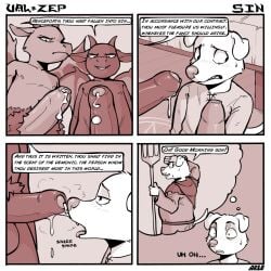 anthro arloatdusk bed bedroom belt bodily_fluids canid canine canis comic demon dialogue dialogue_box domestic_dog dripping embarrassed english_text father_(lore) father_and_child_(lore) father_and_son_(lore) foreskin furniture genital_fluids genitals group group_sex hi_res hood horn humanoid_genitalia hunting_dog imagination implied_incest incest_(lore) jack_russell_terrier kneeling low-angle_view male male/male mammal medieval_clothing musk musk_cloud nipples parent_(lore) parent_and_child_(lore) parent_and_son_(lore) penis penis_sniffing pitchfork precum precum_drip pubes sex shocked sniffing son_(lore) standing summoning_circle sweat sweatdrop terrier text threesome threesome_invitation tools trio wings