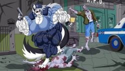 abs anthro anthro_only atariboy biceps breasts canine capcom female gun hellhound helluva_boss loona_(helluva_boss) muscles muscular muscular_arms muscular_female muscular_legs muscular_thighs pecs resident_evil weapon