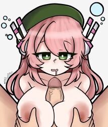 1boy 1girls areolae artist_name beret blush breasts breasts_squeezed_together bright_pupils bubble bubbles collarbone drooling female green_eyes green_hat hat headphones huge_breasts long_hair looking_at_viewer male male/female momone_momo nipples nude oerba_yun_fang open_mouth paizuri penis pink_hair pipo_(pipochipzz) pov pov_hands simple_background skin_fang skindentation straight topless_female twitter_username utau veins veiny_penis vocaloid white_background white_pupils