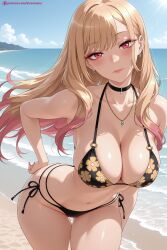 ai_generated bangs bare_shoulders beach bikini black_bikini black_choker blonde_hair blush breasts choker cleavage cloud collarbone day earrings eyebrows_visible_through_hair female female_only hi_res high_quality high_resolution jewelry kiraamane kitagawa_marin large_breasts long_hair looking_at_viewer marin_kitagawa my_dress_up_darling navel ocean outdoors patreon red_eyes sand seductive sexy side-tie_bikini sky smile solo swimsuit teenage_girl uncensored water watermark