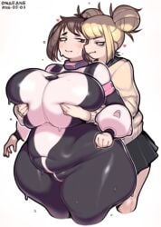 2girls bbw belly blonde_hair boku_no_hero_academia breast_grab breasts brown_hair curvy double_bun female female_only grabbing_another's_breast groping groping_breasts groping_from_behind hero_outfit_(mha) himiko_toga huge_breasts my_hero_academia ochako_uraraka onaeane overweight overweight_female plump short_hair size_difference teenager thick thick_thighs yuri